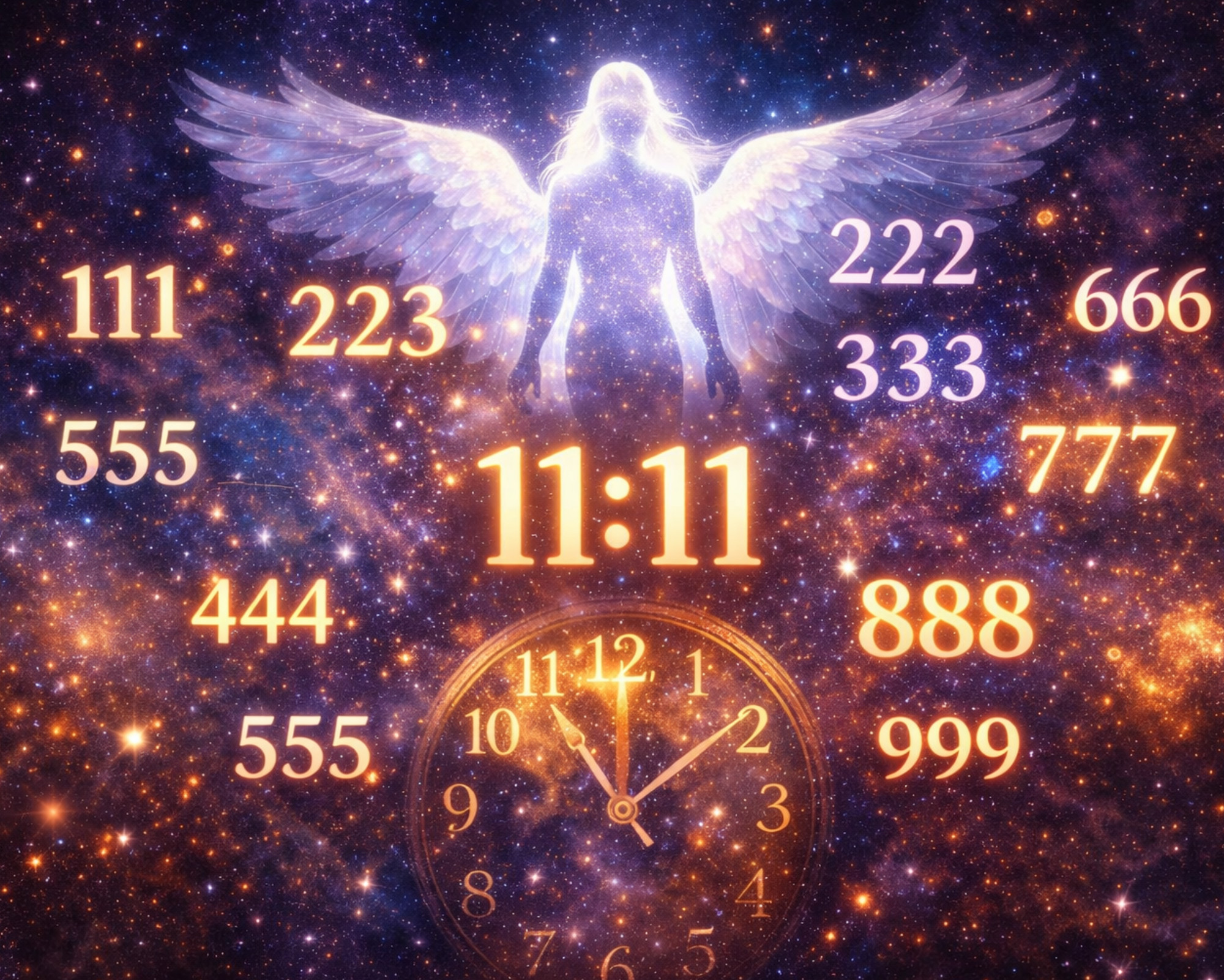 Angelic figure surrounded by triple digit angel numbers like 111, 222, 333, and 777 floating in a cosmic universe, symbolizing spiritual guidance and divine messages.