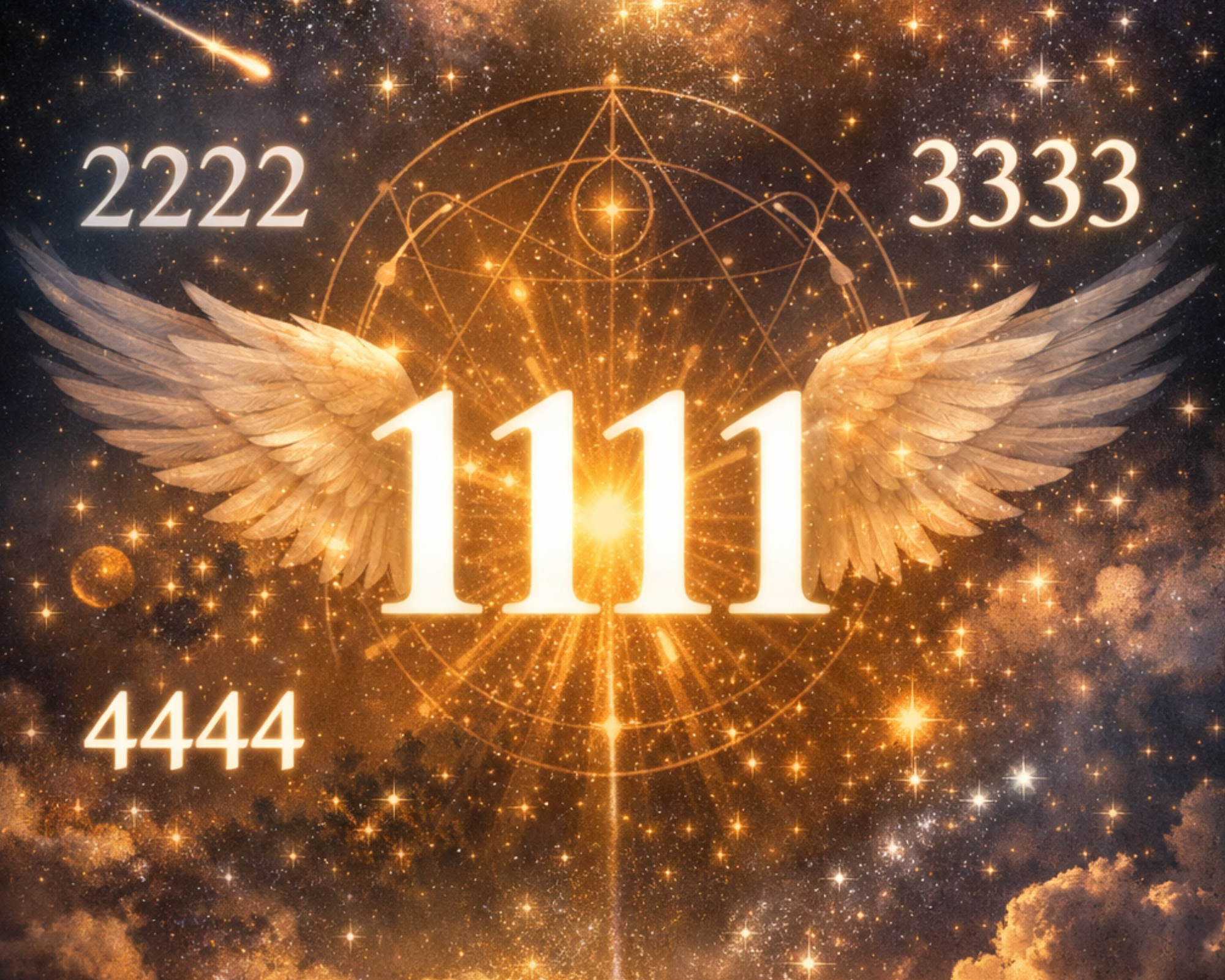 Golden angel wings surrounding 1111 with other repeating sequences, representing protection, awakening, and the meaning of quadruple digit angel numbers.