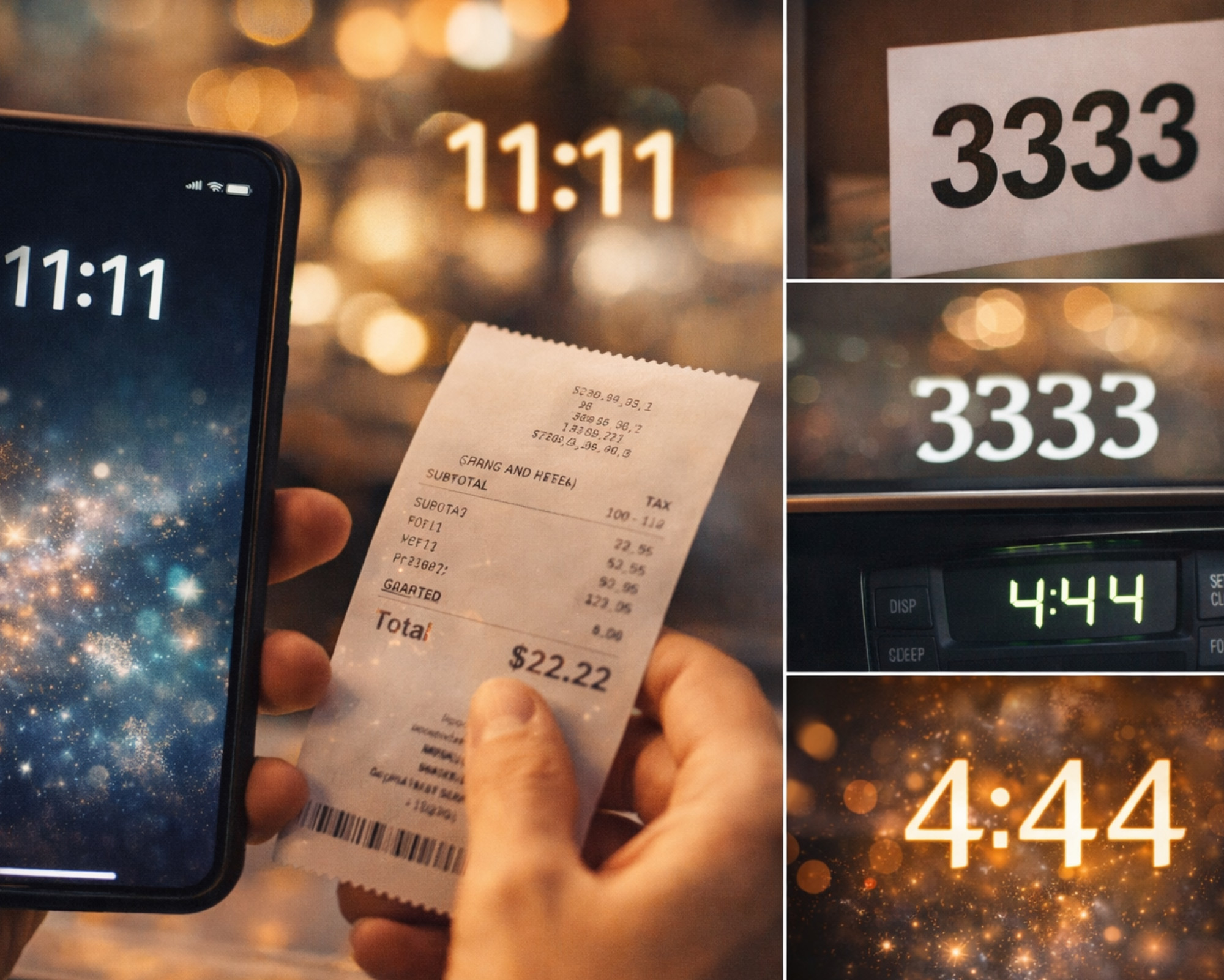 Quadruple Digit Angel Numbers: Meanings, Spiritual Messages & Life Guidance Everyday sightings of repeating numbers on a phone, receipt, and clock, illustrating how quadruple digit angel numbers appear in daily life.