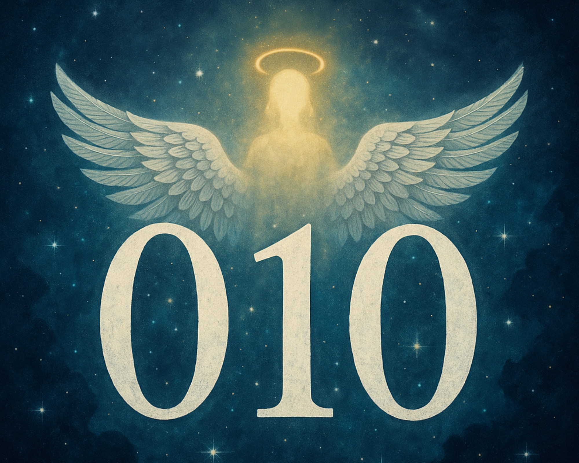Ethereal depiction of the 010 angel number beneath a glowing angel figure, expressing divine support and new beginnings.