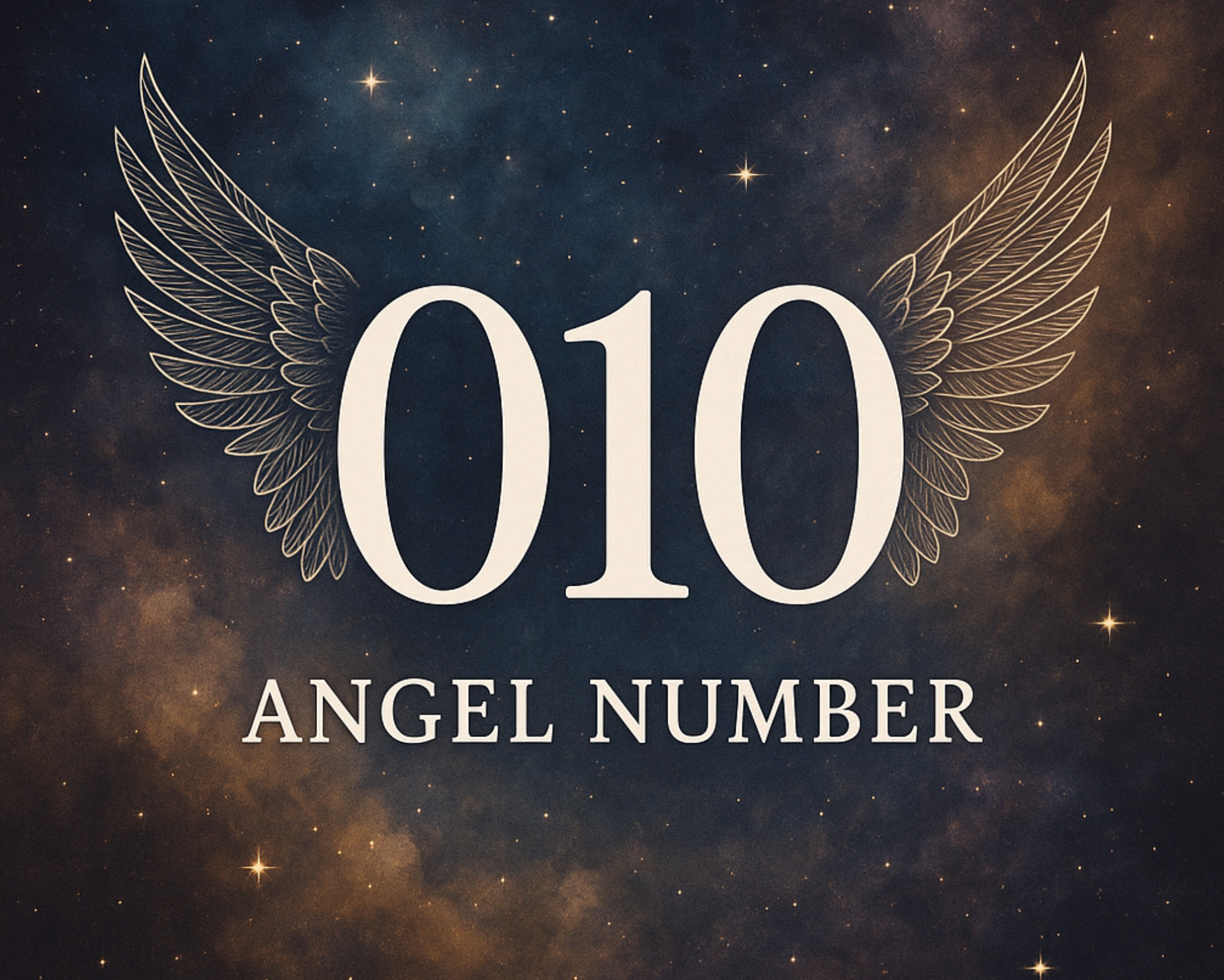 Cosmic illustration of the 010 angel number with angel wings, symbolizing spiritual awakening and divine guidance.