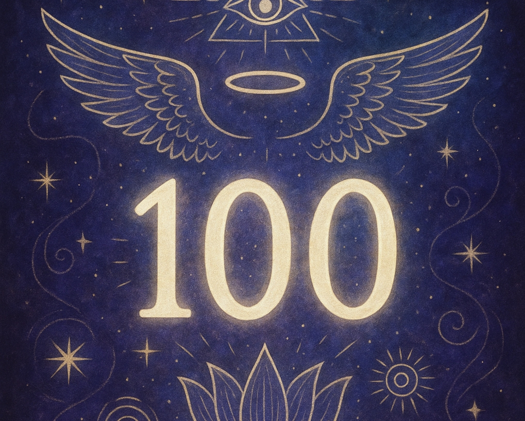 100 Angel Number 100 Spiritual artwork featuring the 100 angel number surrounded by angel wings, an all-seeing eye, and a lotus on a starry cosmic background.
