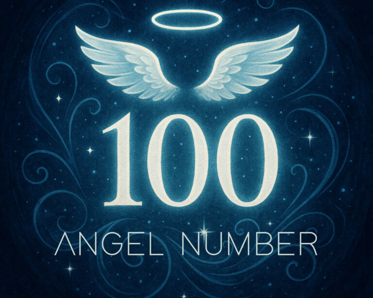 Mystical illustration of the 100 angel number glowing with white angel wings and a halo against a deep blue cosmic background.