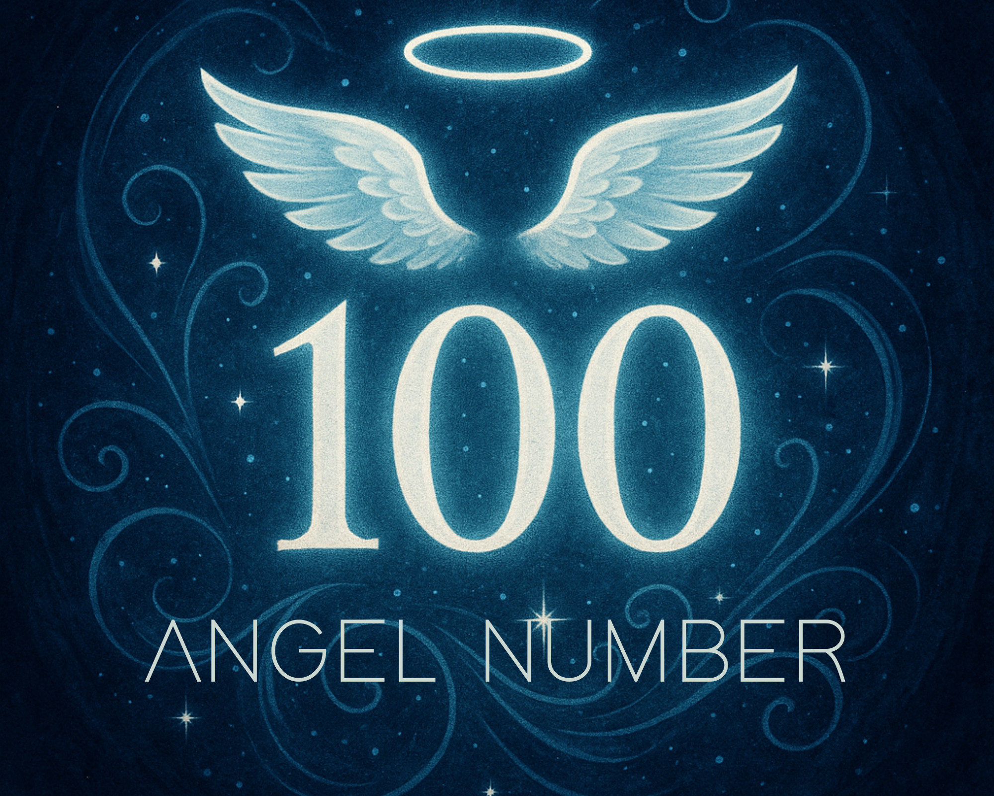 Mystical illustration of the 100 angel number glowing with white angel wings and a halo against a deep blue cosmic background.