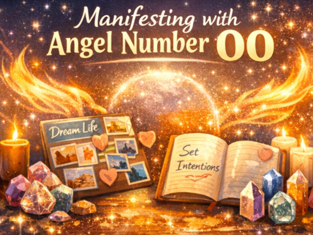 Angel Number 00 Meaning — What Is 00 Trying to Tell Me? Mystical manifestation altar with crystals and intention journal representing the manifestation power of angel numbers 00.