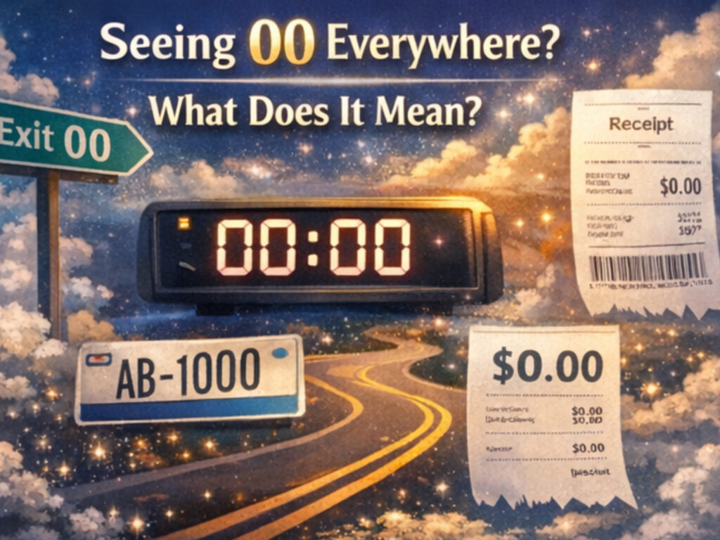 Angel Number 00 Meaning — What Is 00 Trying to Tell Me? Creative depiction of seeing angel numbers 00 everywhere, including 00:00 on a clock, receipts, and road signs symbolizing synchronicity.