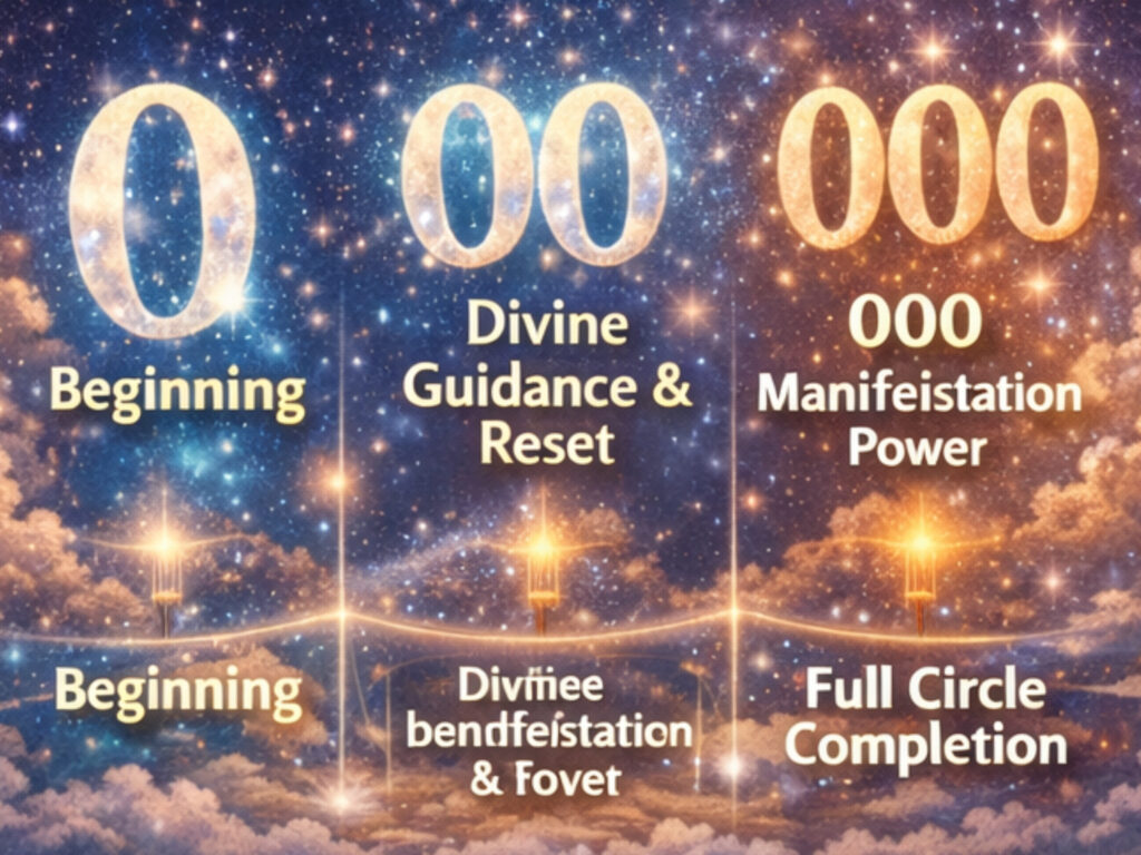 Angel Number 00 Meaning — What Is 00 Trying to Tell Me? Celestial comparison graphic showing 0, 00, and 000 meanings to explain the spiritual difference between angel numbers 00 and related sequences.