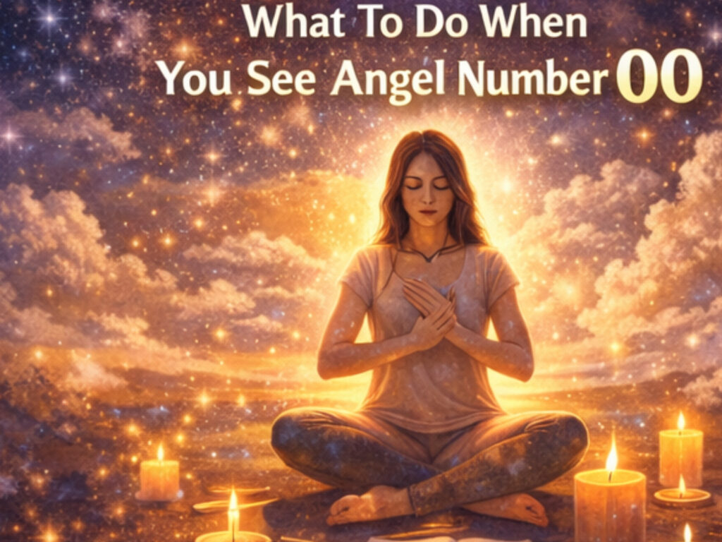 Angel Number 00 Meaning — What Is 00 Trying to Tell Me? Spiritual artwork of a woman meditating under golden light symbolizing what to do when you see angel numbers 00 and divine guidance.