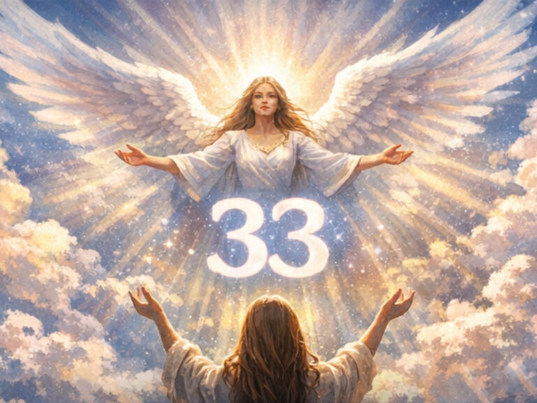 Divine angel with outstretched wings and glowing 33 blessing a person below, representing protection and guidance from angel numbers 33.