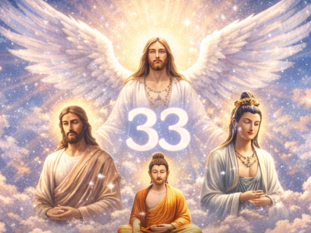 Angel Number 33 Meaning — The Master Teacher Is Calling You Ascended masters surrounded by divine light with 33 above them, illustrating the spiritual guidance of angel numbers 33.