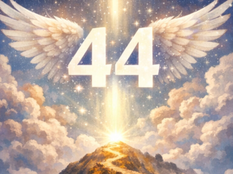 Glowing number 44 with angel wings above mountain path, representing Angel numbers 44 spiritual protection and divine support.