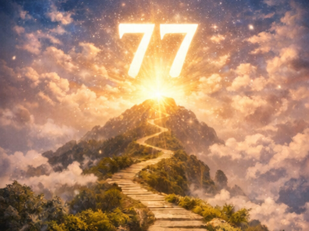 77 Angel Number Meaning: Spiritual Awakening, Love, Twin Flames & Divine Alignment Golden mountain path leading toward bright 77 in the sky, symbolizing spiritual growth through 77 angel numbers.