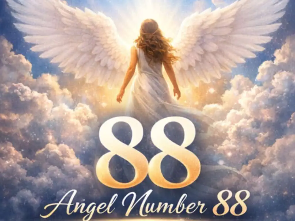 Glowing angel numbers 88 above a winged figure in radiant clouds symbolizing abundance, power, and spiritual guidance.