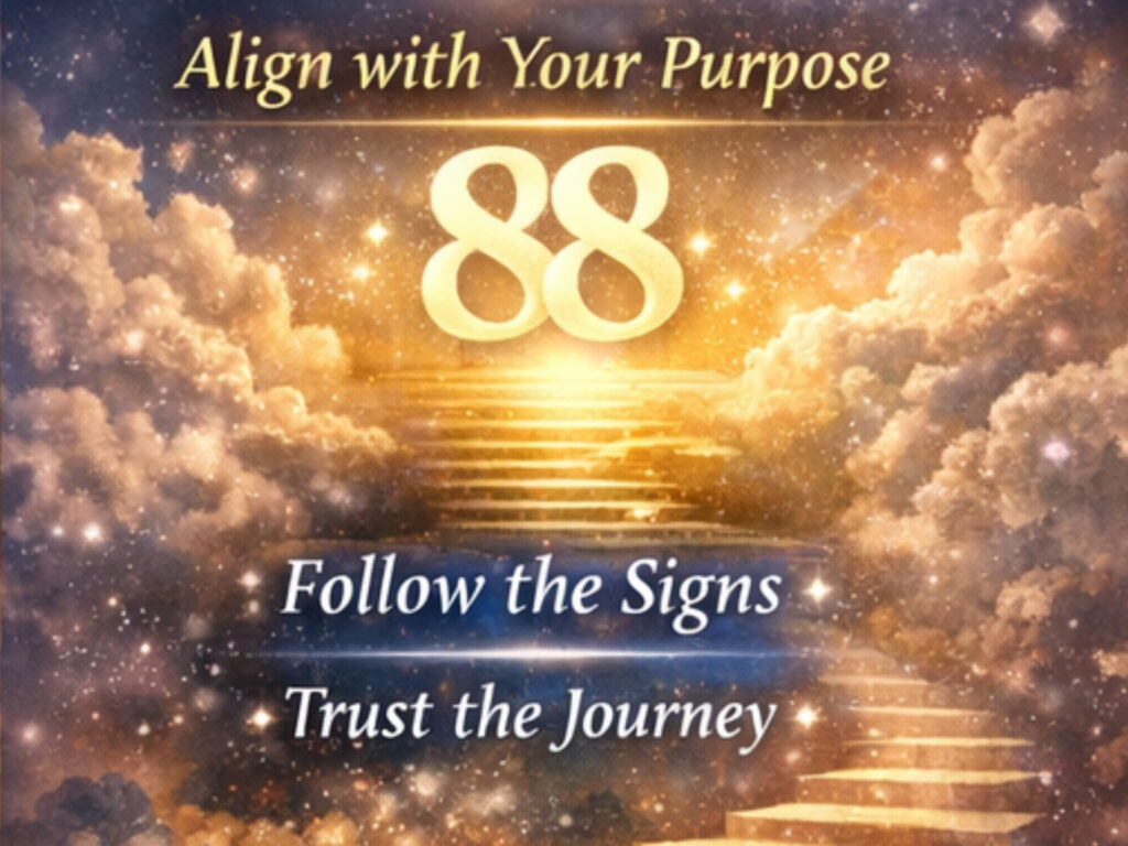 Golden staircase ascending through clouds toward bright angel numbers 88 representing divine purpose and spiritual awakening.