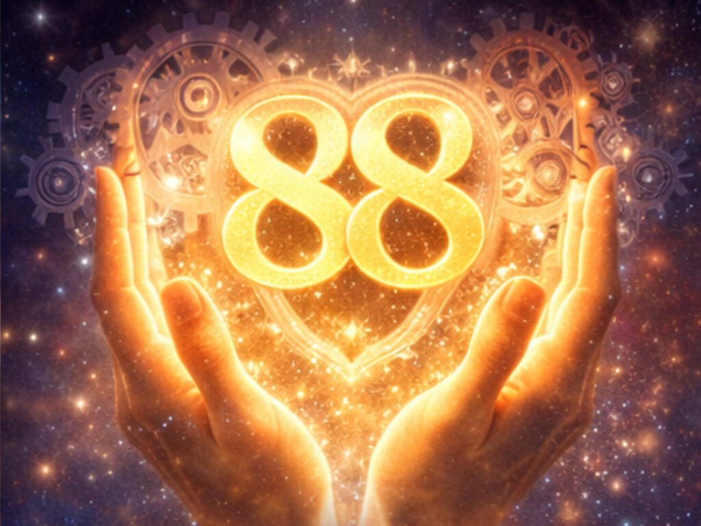 Hands holding glowing angel numbers 88 inside a heart shape with celestial gears representing karmic cycles and personal power.