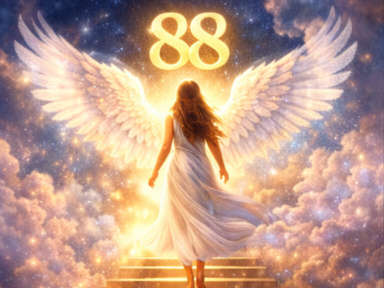 Woman with angel wings walking up golden stairs toward glowing angel numbers 88 in a cosmic sky symbolizing spiritual guidance and power.