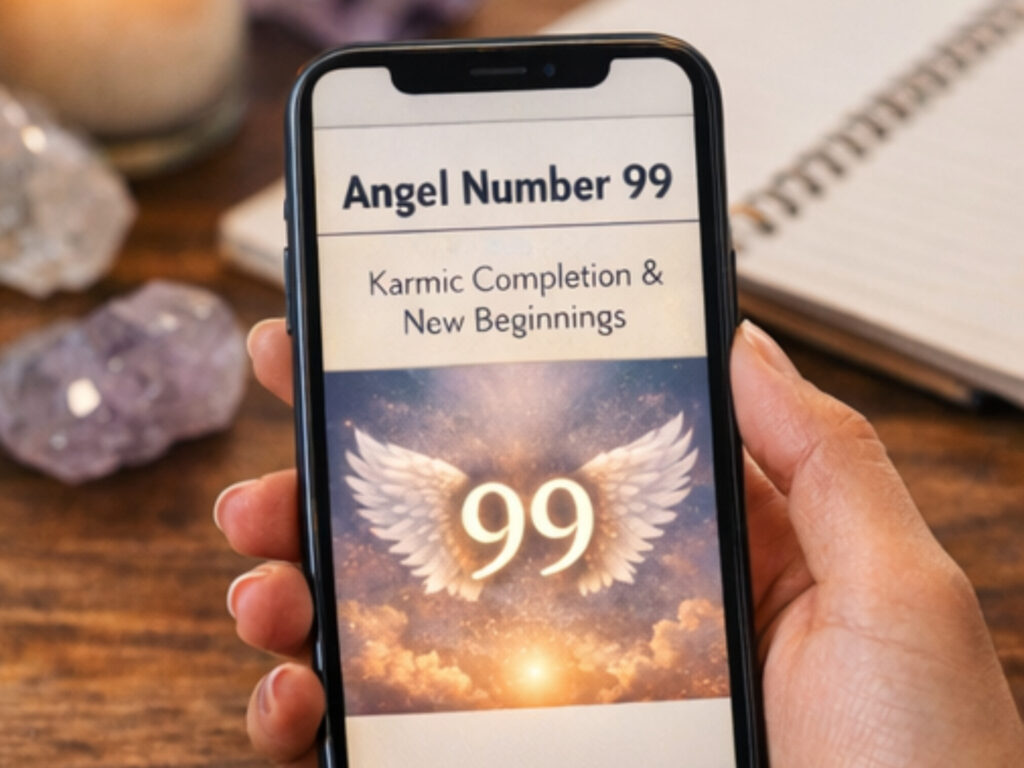 Angel Number 99 Meaning: The Spiritual Ending You Can’t Ignore Smartphone displaying Angel Number 99 meaning karmic completion and new beginnings, illustrating angel numbers 99 guidance.