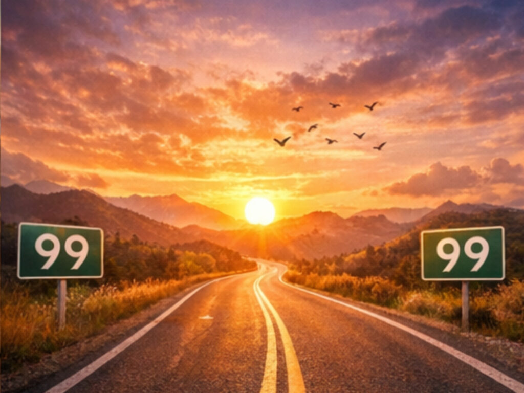 Angel Number 99 Meaning: The Spiritual Ending You Can’t Ignore Open road at sunset with 99 road signs on both sides, symbolizing life transitions and angel numbers 99 meaning.