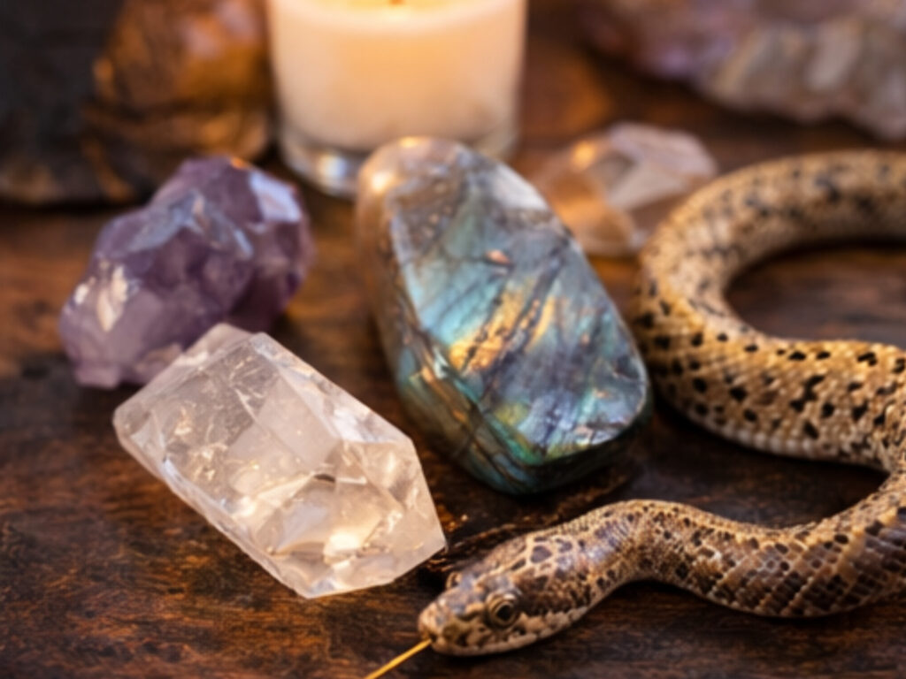 Angel Number 99 Meaning: The Spiritual Ending You Can’t Ignore Amethyst, clear quartz, labradorite crystals and snake representing transformation energy connected to angel numbers 99.