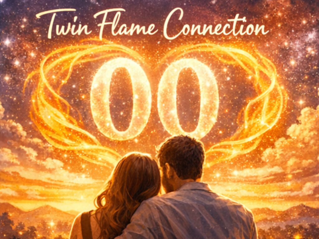 Angel Number 00 Meaning — What Is 00 Trying to Tell Me? Romantic cosmic illustration of twin flames beneath glowing 00, symbolizing angel numbers 00 meaning in love and spiritual connection.
