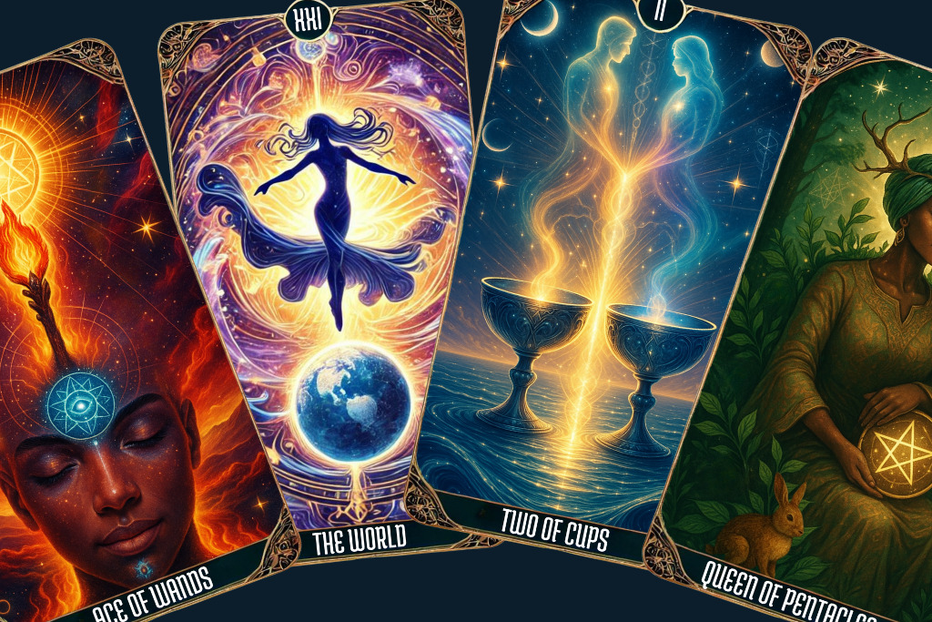 Are Tarot Cards Accurate? The Truth Behind Tarot Readings Vibrant illustrated tarot cards including Ace of Wands, The World, Two of Cups and Queen of Pentacles, representing spiritual growth and the best place to buy tarot cards online.