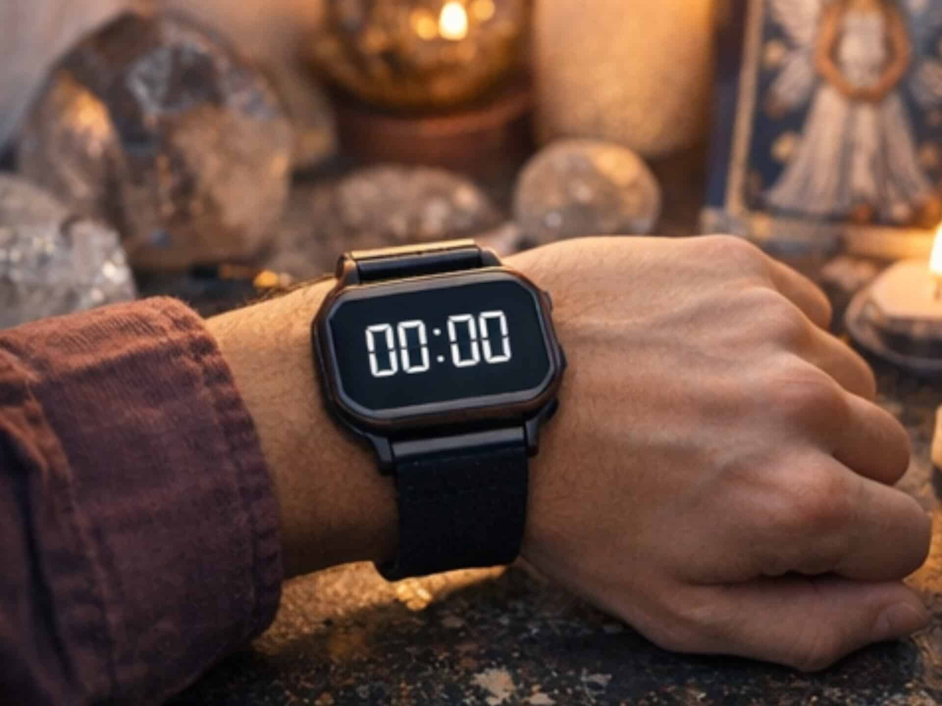 Close-up of watch showing 00:00 with spiritual objects symbolizing 0000 angel numbers and divine timing