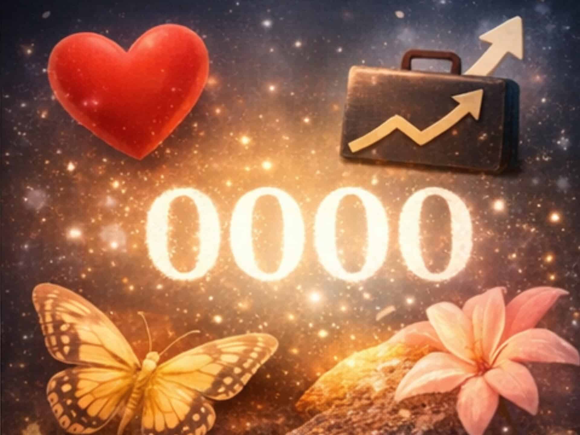 Symbols of love, transformation, and growth surrounding 0000 angel numbers representing life changes and new beginnings