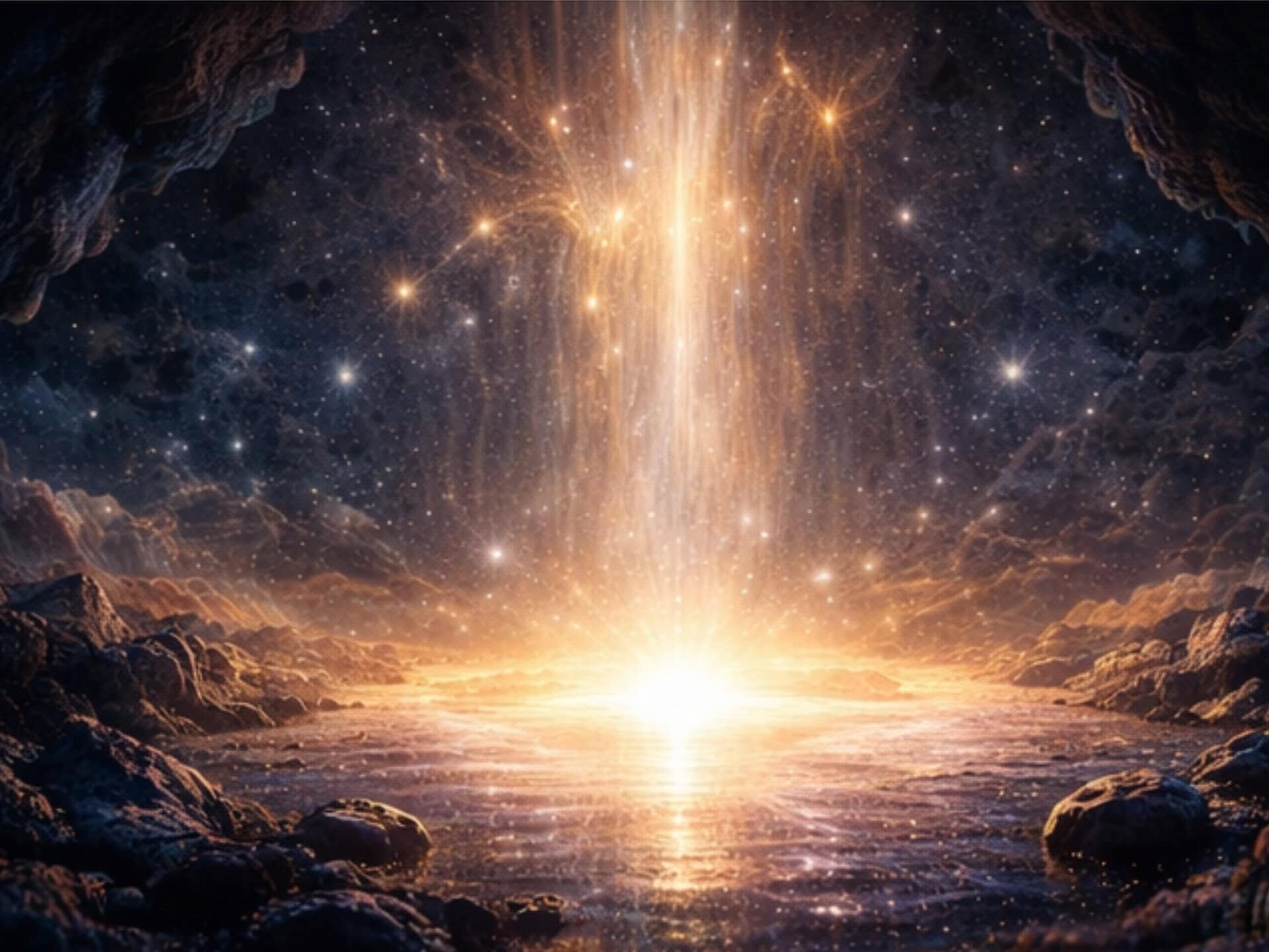 Golden light entering a mystical void representing 0000 angel numbers and infinite spiritual potential