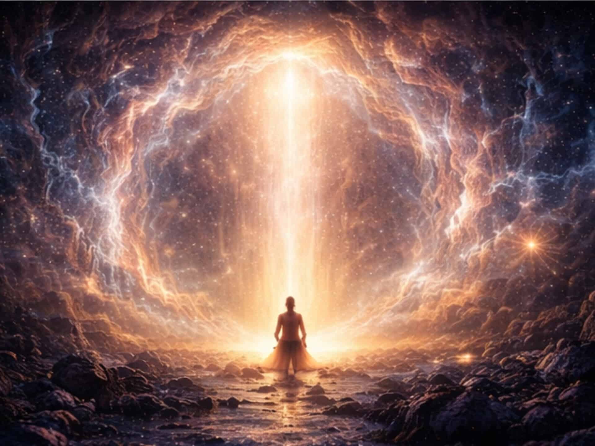 Person standing in a glowing cosmic portal symbolizing angel numbers 0000 and spiritual awakening through the sacred void