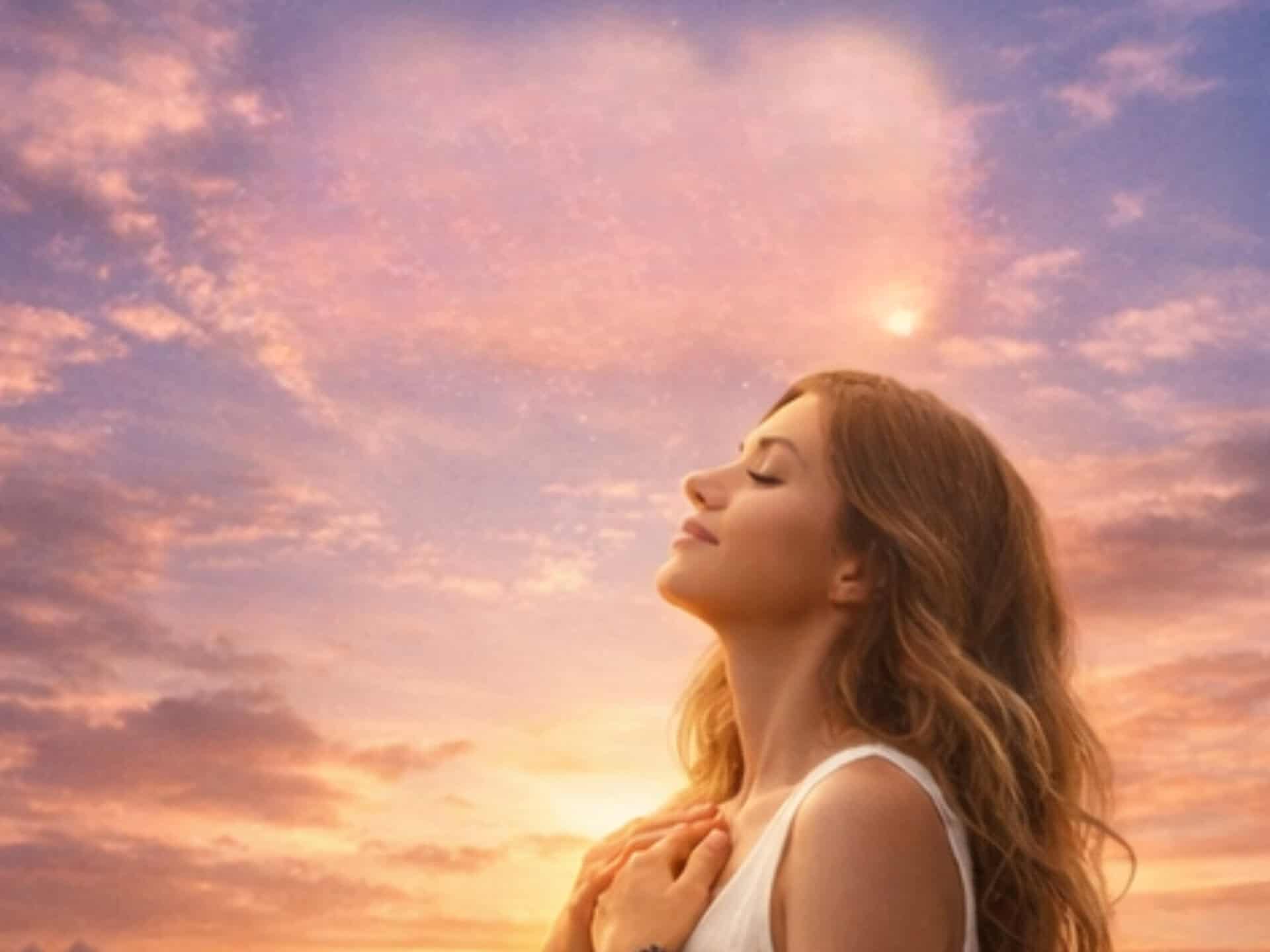 Angel Number 222 Meaning: What Is the Universe Trying to Tell You? Woman connecting to her heart energy under glowing sky inspired by angel numbers 222 meaning and inner alignment