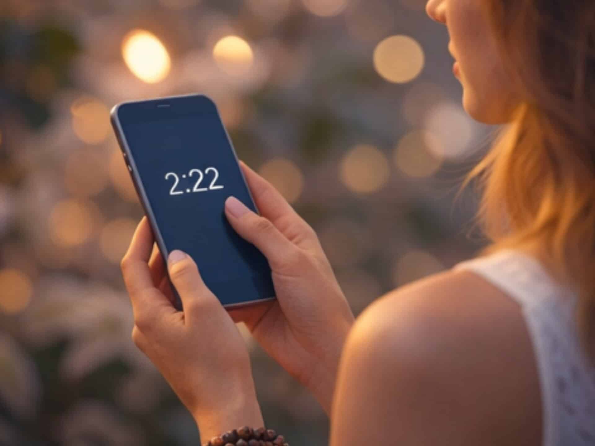 Angel Number 222 Meaning: What Is the Universe Trying to Tell You? Woman looking at phone displaying 2:22 wondering why am I seeing angel numbers 222 in daily life