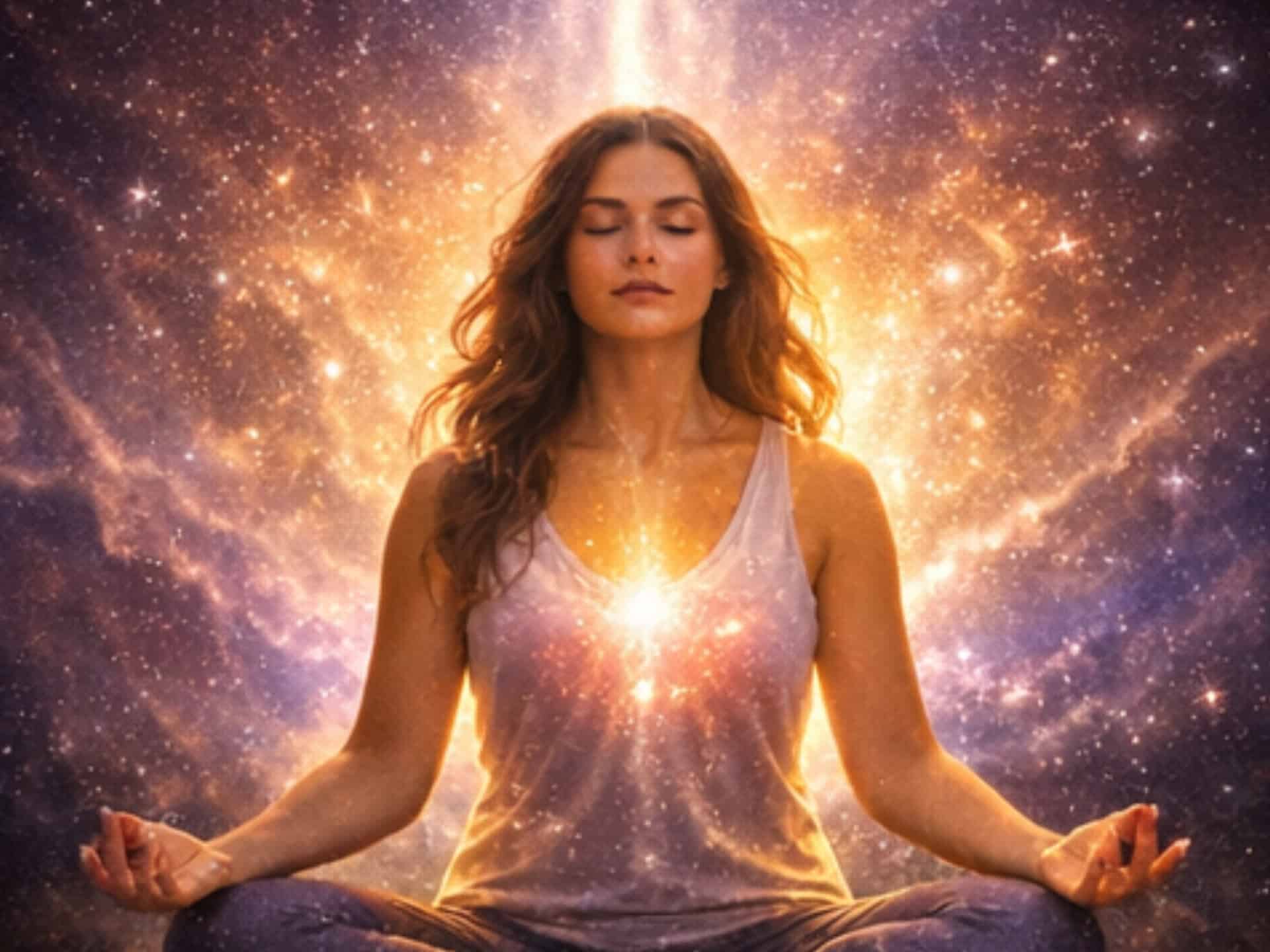 Meaning of 777 Angel Numbers Woman meditating with glowing aura representing the meaning of 777 angel numbers and inner alignment