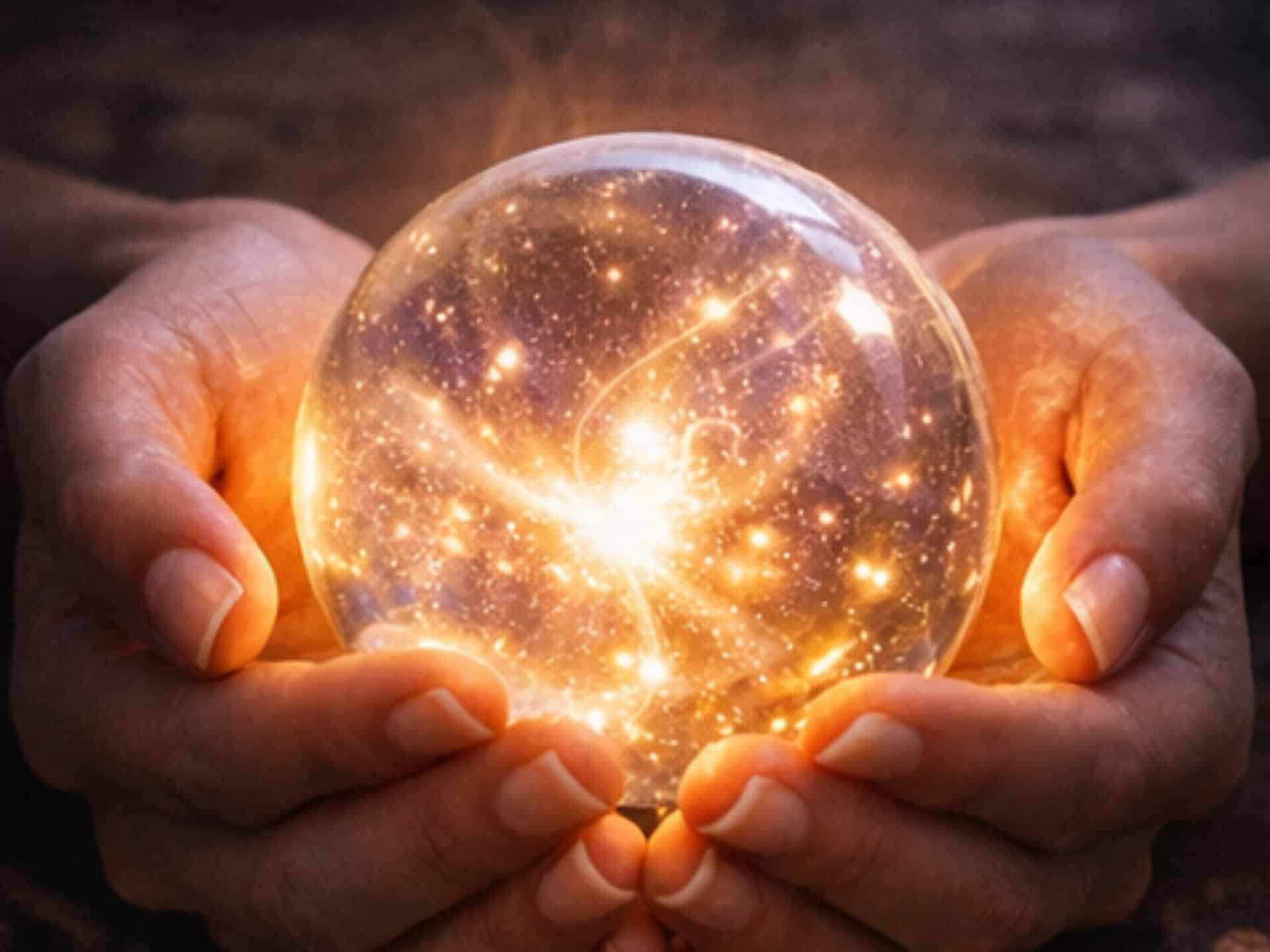 Meaning of 777 Angel Numbers Hands holding a glowing light sphere symbolizing the meaning of 777 angel numbers and manifestation energy