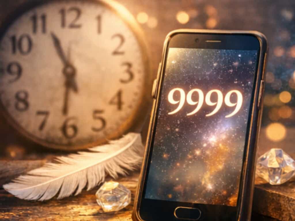 Angel Number 9999 Meaning: The End of a Cycle and the Beginning of Your Soul’s Next Chapter Angel number 9999 meaning shown on a phone screen next to a clock symbolizing synchronicity and repeated spiritual signs