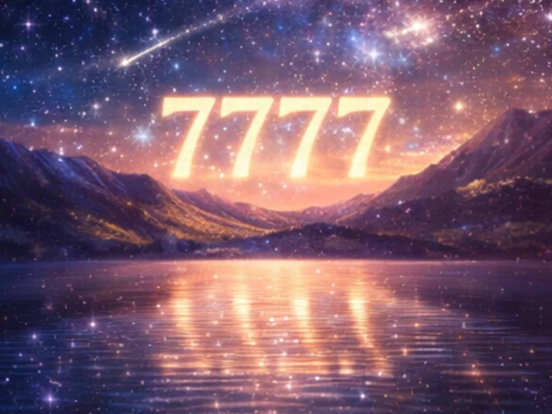 Angel Number 7777 Meaning: Spiritual Awakening, Love, Luck, and Divine Guidance angel number 7777 meaning alignment and manifestation glowing above peaceful lake and mountains