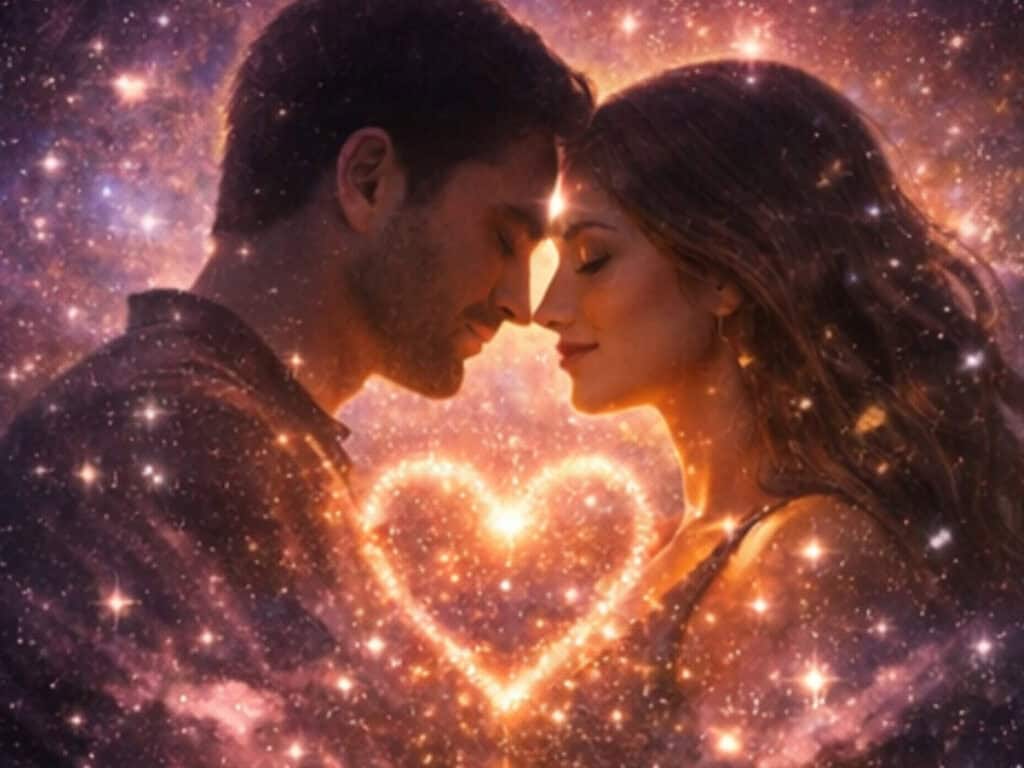 Angel Number 7777 Meaning: Spiritual Awakening, Love, Luck, and Divine Guidance angel number 7777 meaning love and twin flame connection with glowing heart energy between couple