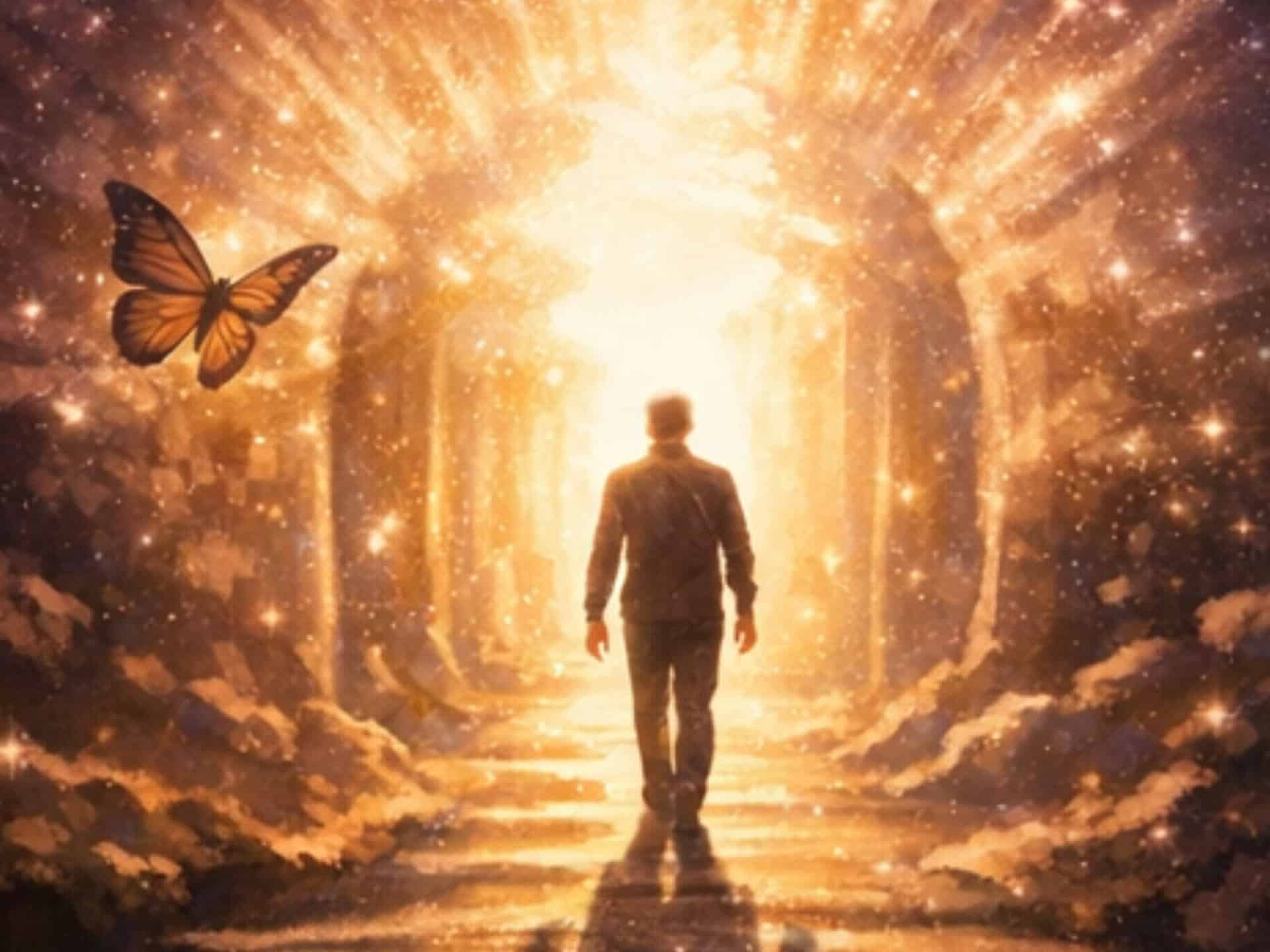 Angel Number 7777 Meaning: Spiritual Awakening, Love, Luck, and Divine Guidance angel number 7777 meaning spiritual awakening person walking into light with butterfly symbolizing transformation