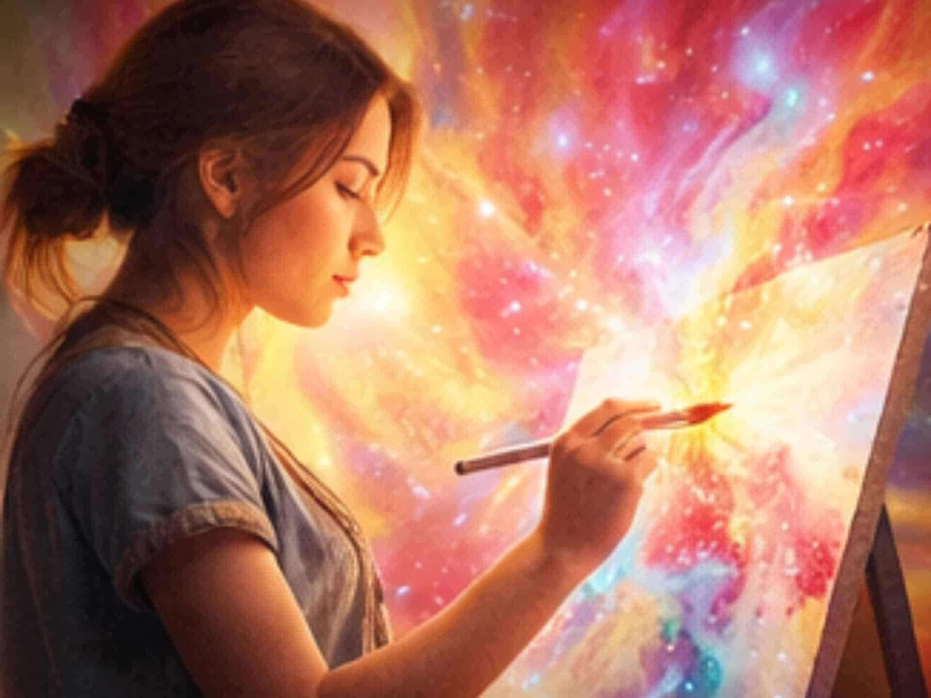 Angel Number 3333 Meaning: Why You Keep Seeing 3333 Everywhere 3333 angel number meaning expressed through creative energy as a woman paints with vibrant cosmic colors symbolizing self-expression