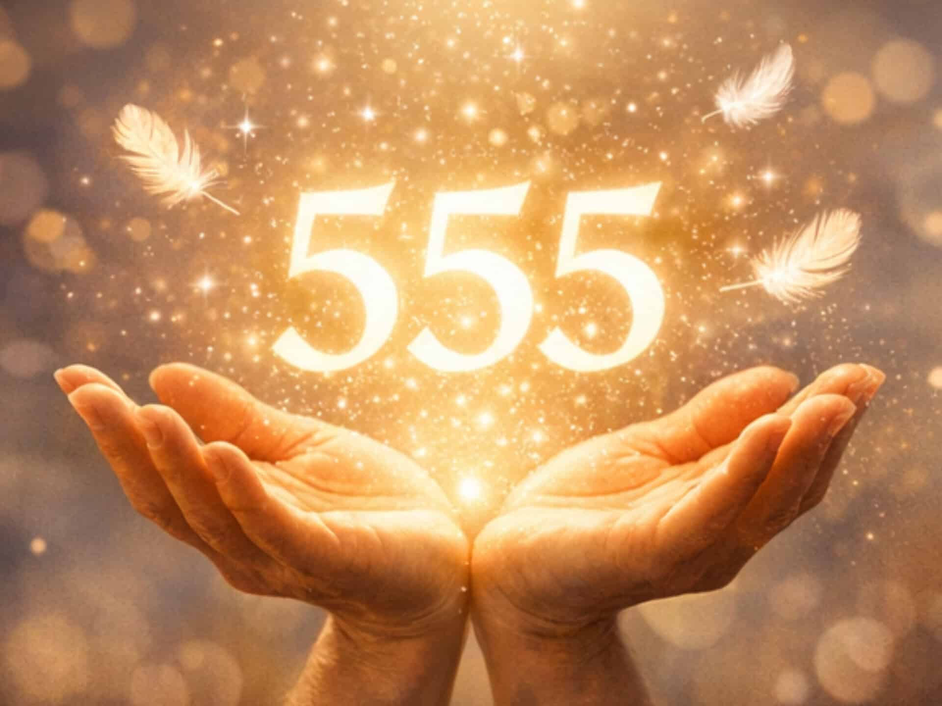 Why Do You Keep Seeing Angel Number 555 Everywhere? Angel number 555 meaning illustrated by glowing numbers in open hands representing divine guidance and personal transformation