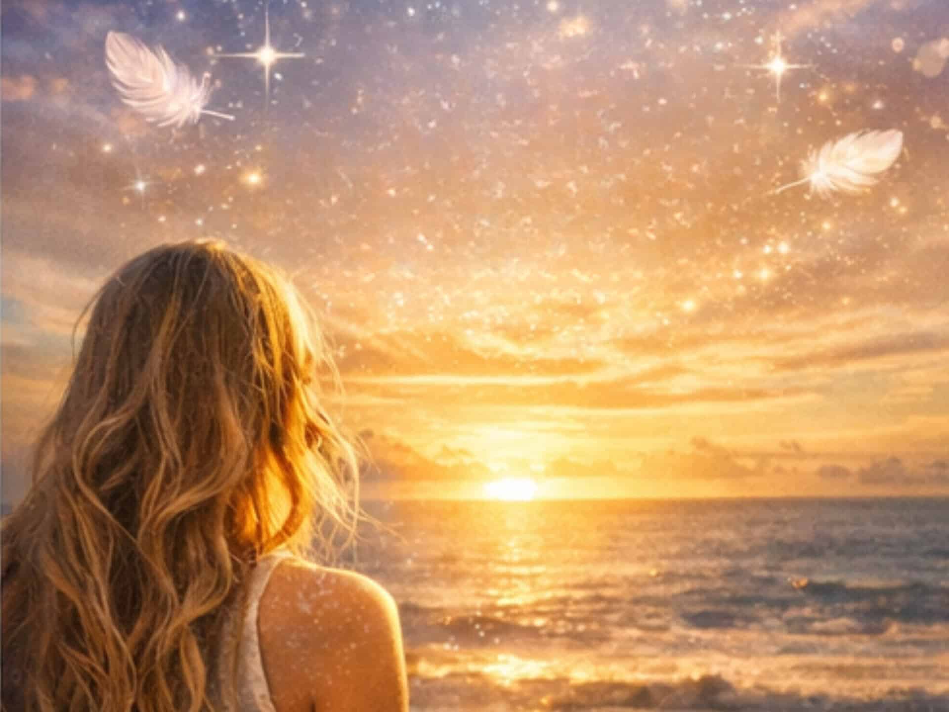 Why Do You Keep Seeing Angel Number 555 Everywhere? Angel number 555 meaning shown through a woman gazing at the ocean during sunrise symbolizing spiritual awakening and transformation