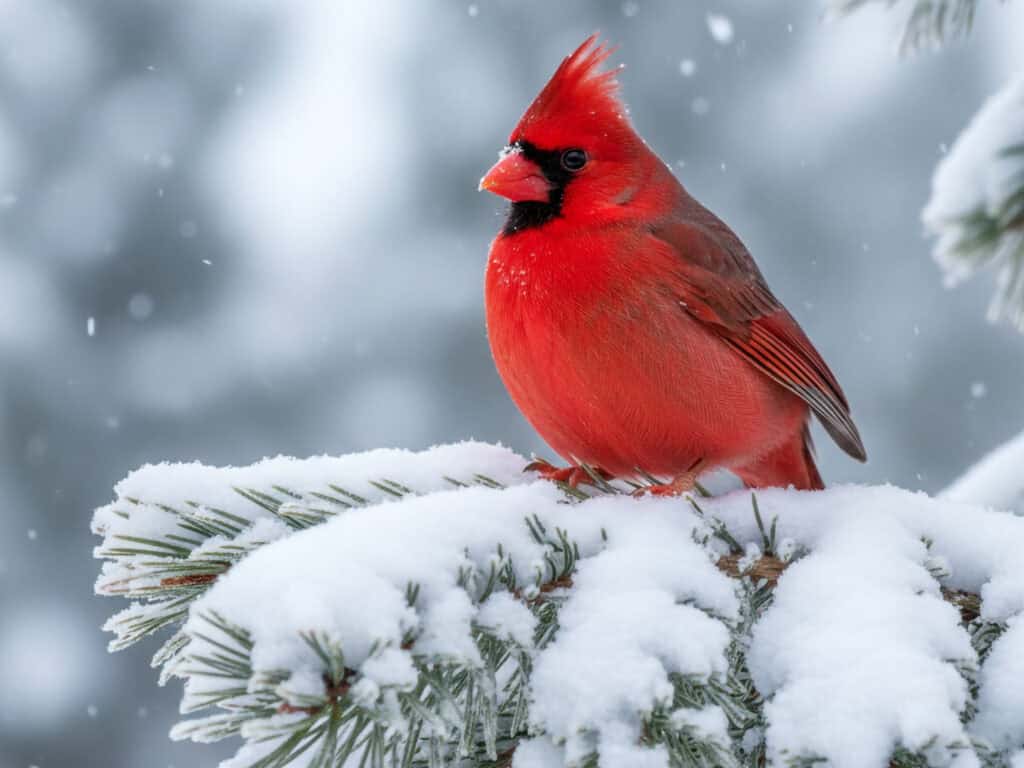 Cardinal Spirit Animal Meaning Bright red cardinal perched on snow-covered pine branch in winter.