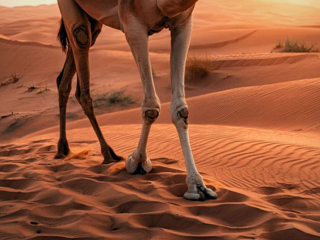 Camel Spirit Animal: What It Reveals About You This image features a camel adorned with a vibrant saddle and harness, set against the Egyptian desert with pyramids in the background, representing spiritual exploration.