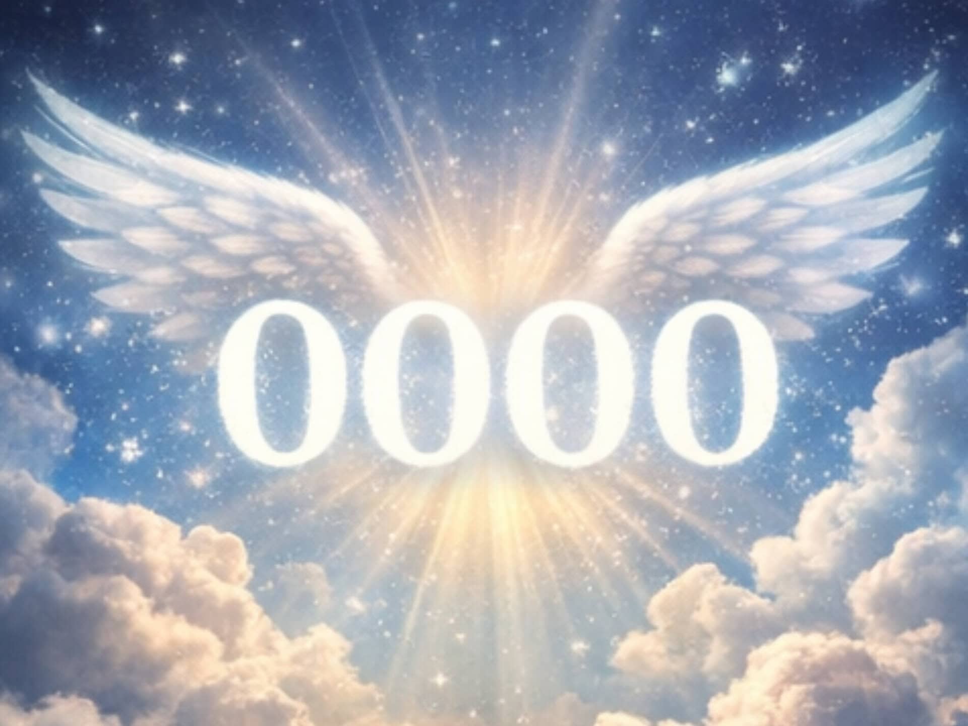 Angel wings in the sky with glowing angel numbers 0000 symbolizing divine guidance and spiritual protection