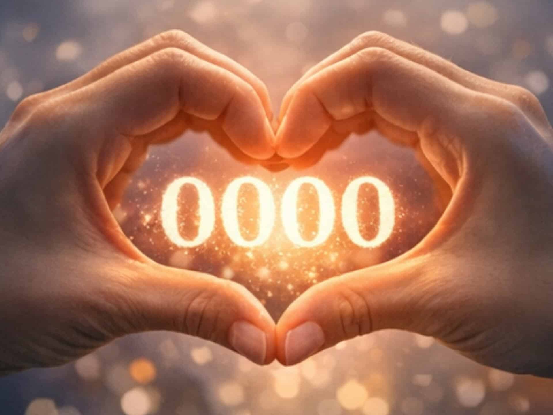 Hands forming a heart shape around glowing 0000 angel numbers representing love, connection, and emotional alignment