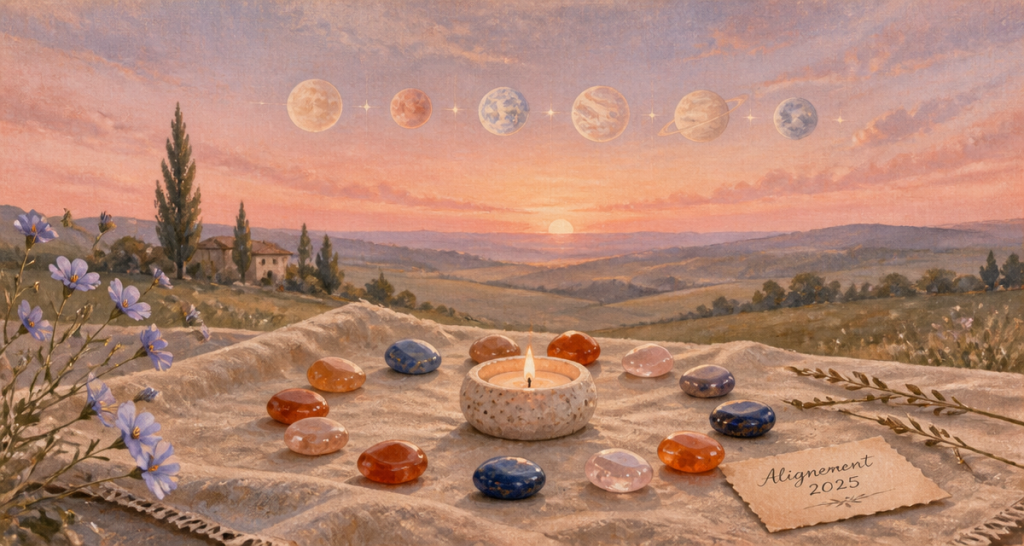 alignement des planètes signification spirituelle 2025 ciel aube pierres