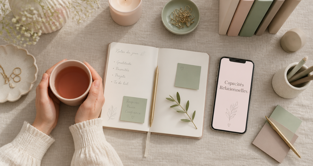 bureau élégant avec carnet et capacités relationnelles sur smartphone