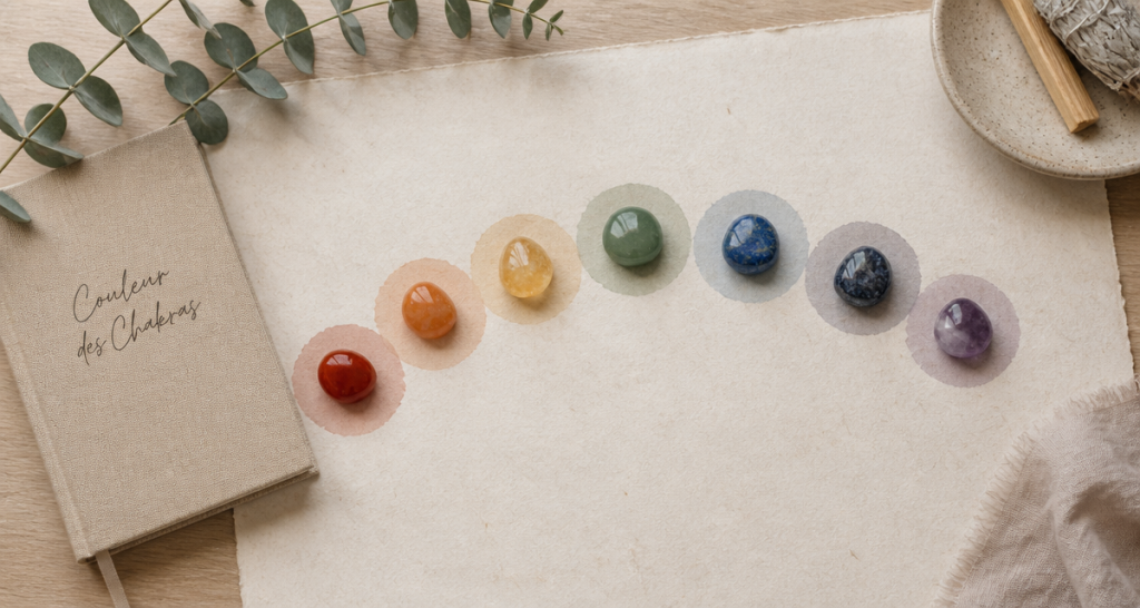 couleur des chakras pierres alignées sur bureau zen