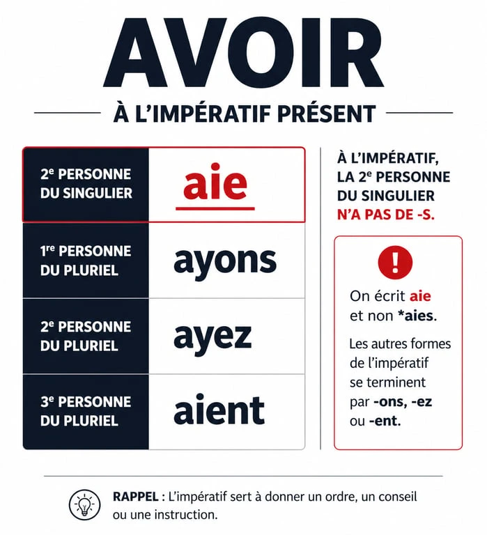 Infographie explicative sur l'orthographe de aie confiance en toi et la conjugaison du verbe avoir