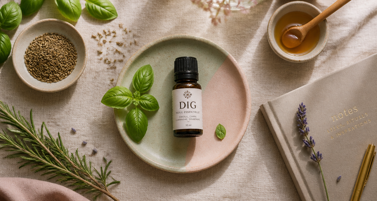 huile essentielle DIG bienfaits sur table avec plantes