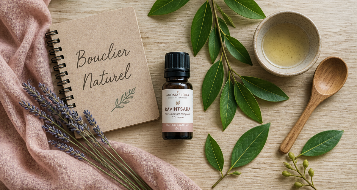 huile essentielle ravintsara bienfaits flacon et feuilles camphrier